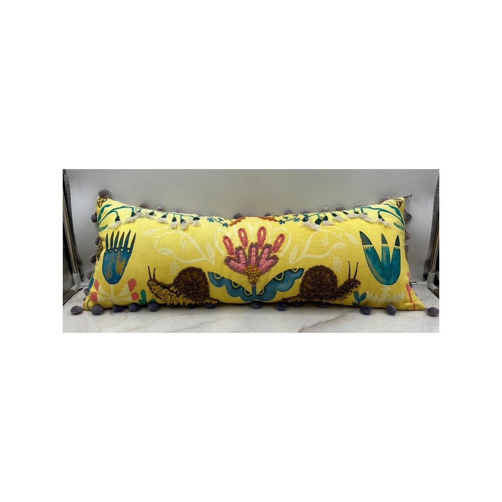 Creative Co-Op Lumbar Sofa Pillow Yellow Snail Embroidered Pom Pom Trim Cotton